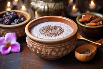 porcelain bowl with chia seeds pudding near yoga blocks