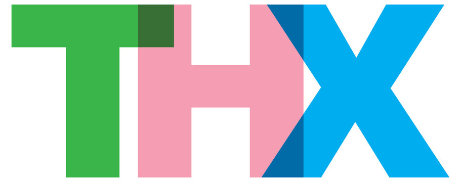 THX, phrase overlap color no transparency. Concept of simple text for typography poster, sticker design, apparel print, greeting card or postcard. Graphic slogan isolated on white background.