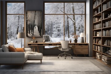 Office interior decorate with winter season. Generative AI