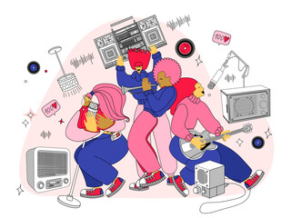 vector illustration with people dancing, singing and playing musical instruments. Music band vector illustration.