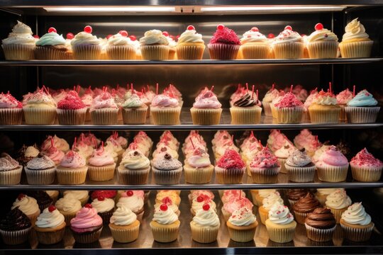 assortment of cupcakes on a bakery shelf