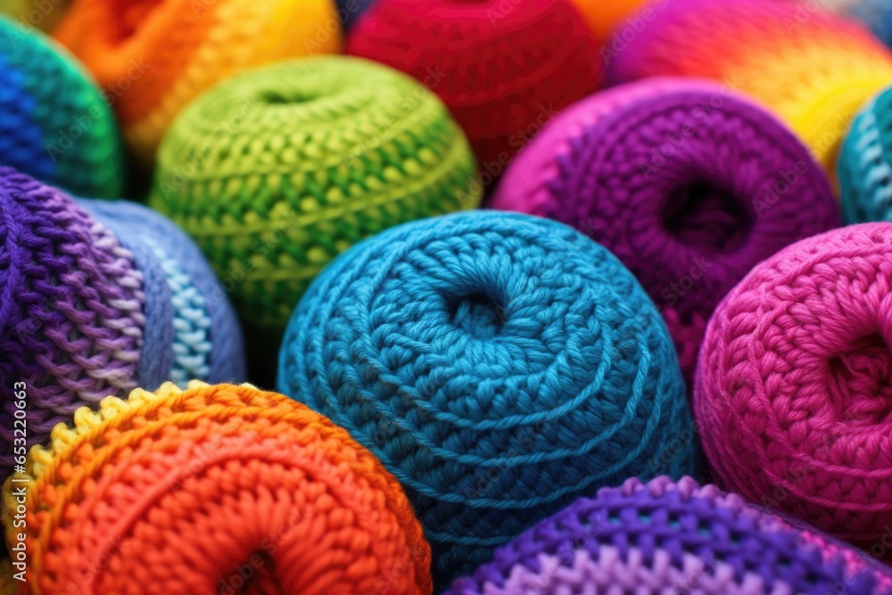 Canvas Prints closeup of rainbow colored yarn balls knit together