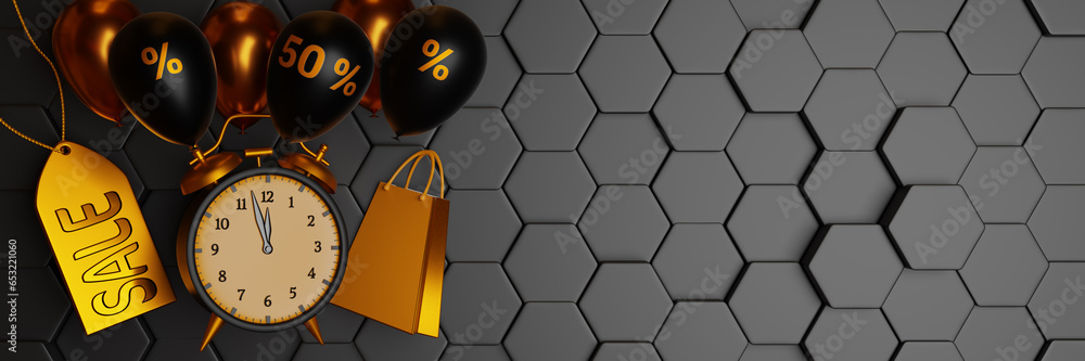 Poster black friday banner.alarm clock label sale inflatable balloons on hexagonal black. 3d rendering