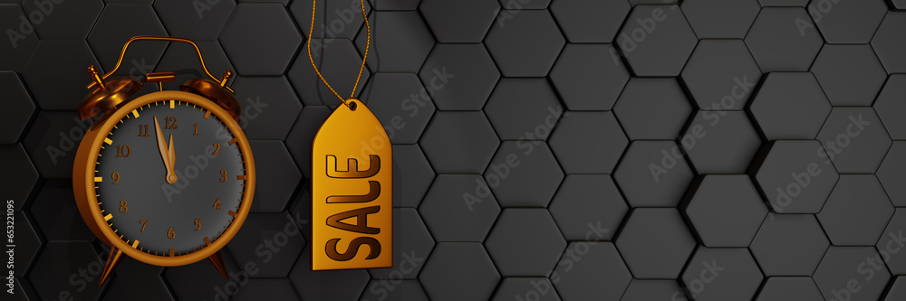 Poster black friday banner. alarm clock and tag with sale inscription on hexagonal black. 3d rendering