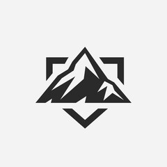 Mountain peak logo. Outdoor alpine adventure icon. Wilderness mountain range landscape symbol. Vector illustration.