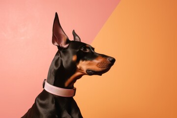 Photography in the style of pensive portraiture of a smiling doberman pinscher wearing a bandage against a pastel orange background. With generative AI technology