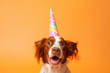 Close-up portrait photography of a funny brittany dog wearing a unicorn horn against a pastel orange background. With generative AI technology - obrazy, fototapety, plakaty