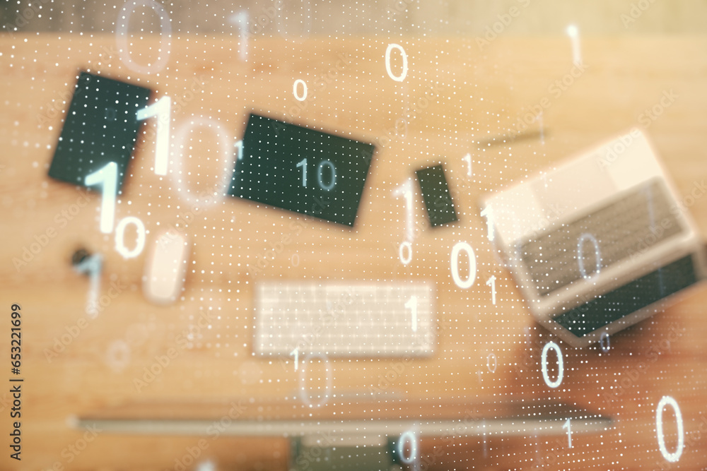 Aufkleber Creative abstract binary code sketch on modern laptop background, hacking and matrix concept. Multiexposure