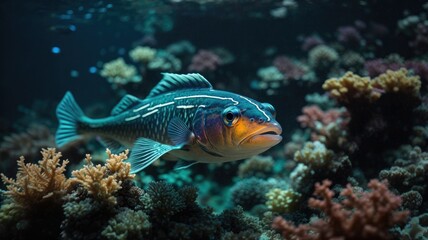 Naklejka na ściany i meble Underwater Marvels: The Spectacular Glow and Colors of Marine Life, Generative AI