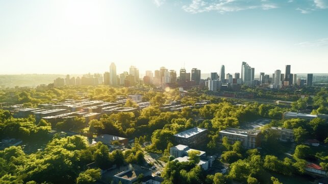 Aerial view of a modern city with green rooftops, solar panels, and wind turbines. Bright sunlight creates a vibrant, optimistic mood. Shot by a DJI Phantom 4 Pro drone camera, capturing the urban su