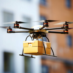Drone flying with box in panorama style, black background attracts attention