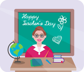Design of Teacher's Day celebration. Smiling teacher sitting at the desk near the school board. Vector illustration. For greeting card, poster, social media. 