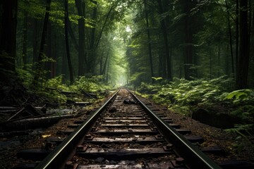 train tracks leading into a forest