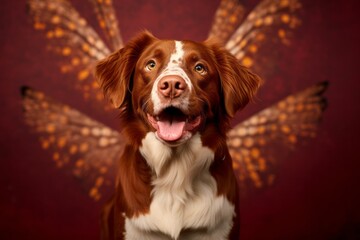 Medium shot portrait photography of a smiling brittany dog wearing a butterfly wings against a burgundy red background. With generative AI technology - obrazy, fototapety, plakaty