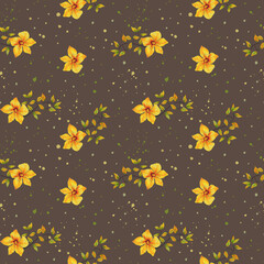 Watercolor floral autumn seamless pattern. Yellow bright flowers on a brown background