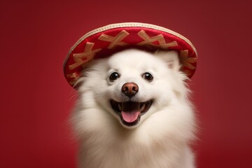 Environmental portrait photography of a smiling american eskimo dog wearing a sombrero against a burgundy red background. With generative AI technology - obrazy, fototapety, plakaty