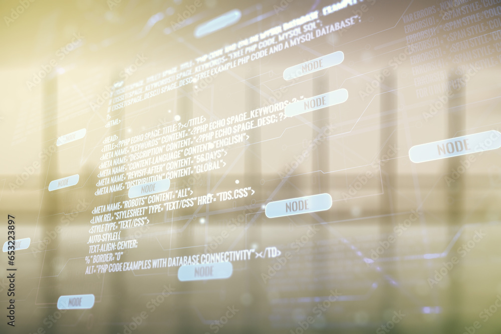 Poster double exposure of abstract programming language interface on empty modern office background, resear