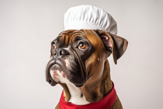 Photography in the style of pensive portraiture of a funny boxer dog wearing a chef hat against a pearl white background. With generative AI technology