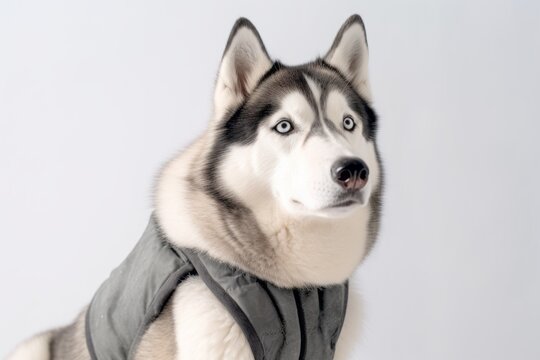 Photography in the style of pensive portraiture of a smiling siberian husky wearing a training vest against a pearl white background. With generative AI technology