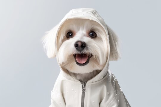 Photography in the style of pensive portraiture of a smiling havanese dog wearing a raincoat against a pearl white background. With generative AI technology