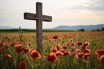 Fotobehang a wooden cross in a field of poppies © Alfazet Chronicles