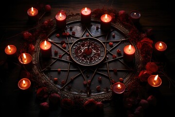 witchs pentagram with candles around - obrazy, fototapety, plakaty
