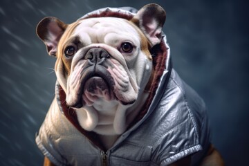 Lifestyle portrait photography of a funny bulldog wearing a therapeutic coat against a metallic...