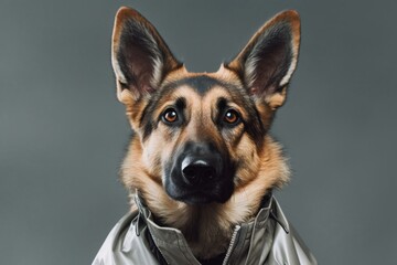 Medium shot portrait photography of a funny german shepherd wearing a parka against a metallic...