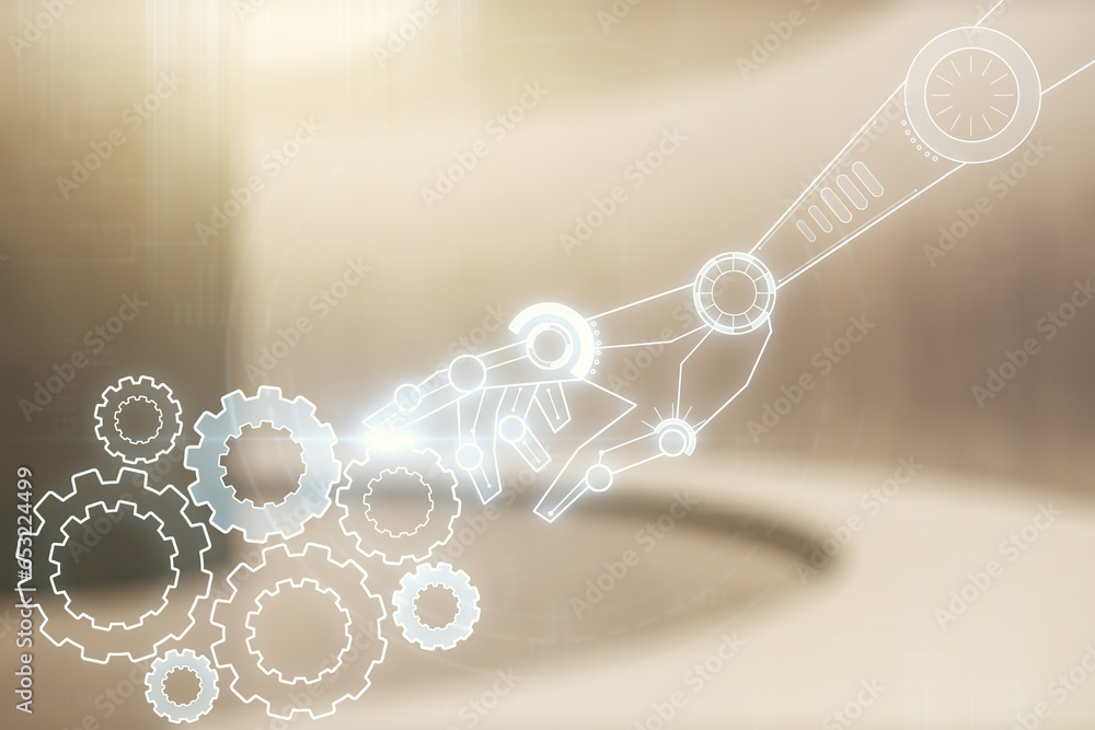 Poster double exposure of abstract virtual robotics technology hologram on empty modern office background. 