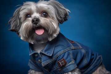 Lifestyle portrait photography of a funny havanese dog wearing a denim vest against a metallic...