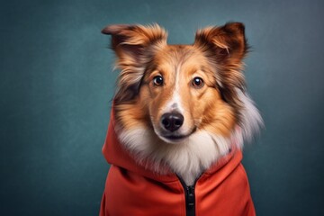 Lifestyle portrait photography of a funny shetland sheepdog wearing a jumper against a metallic...