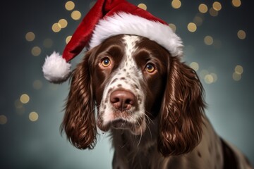 Close-up portrait photography of a cute english springer spaniel wearing a christmas hat against a...