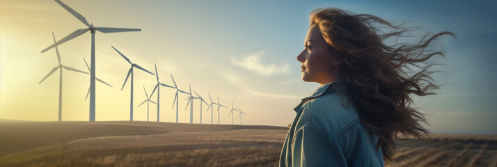 Worker woman power nature solar wind energy architect builder electricity windmill turbine