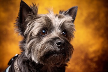 Close-up portrait photography of a cute cairn terrier wearing a sports jersey against a metallic...