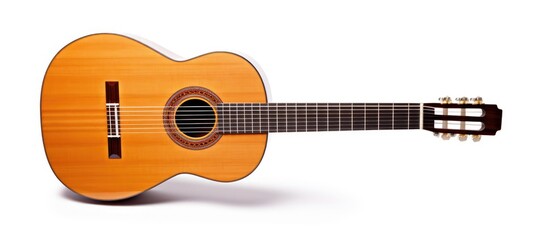Isolated white background classic six string acoustic guitar