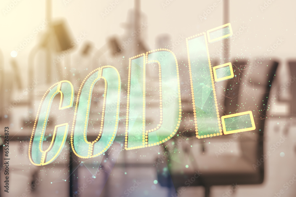 Poster Code word hologram on modern corporate office background, artificial intelligence and neural networks concept. Multiexposure