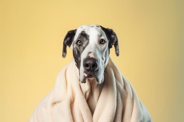 Close-up portrait photography of a funny great dane wearing a plush robe against a beige background. With generative AI technology - obrazy, fototapety, plakaty