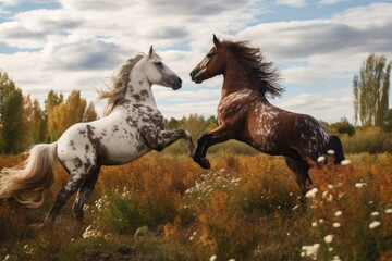 two horses in a field, rearing up at each other