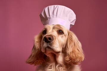 Group portrait photography of a tired cocker spaniel wearing a chef hat against a beige background. With generative AI technology