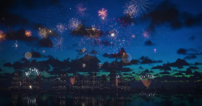 Brightly colorful fireworks in big city for New Years, Christmas, wedding and other events celebration on blue dark sky. 4k