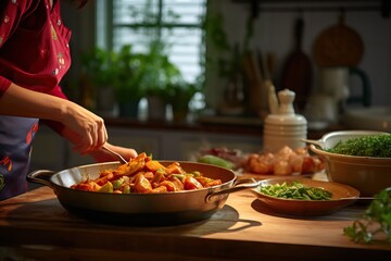 A cozy kitchen setting with hands preparing Panang Curry from scratch, showcasing the authentic homemade process and the use of fresh ingredients