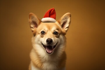 Lifestyle portrait photography of a happy norwegian lundehund wearing a christmas hat against a beige background. With generative AI technology