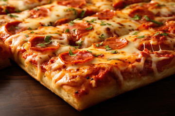 Sicilian pizza: Thick, square crust, tangy tomato sauce, a blend of melted cheeses, succulent shrimp, and a hint of spicy chili flakes. - Powered by Adobe