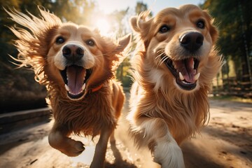 two dogs running happily, close-up with autumn atmosphere