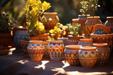 Fototapeta na wymiar painted clay pots in a warm sunlight