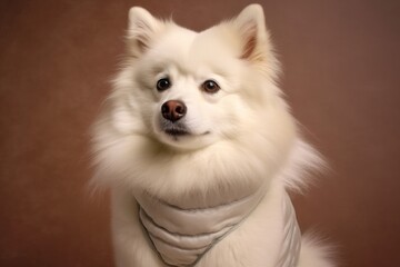 Photography in the style of pensive portraiture of a funny american eskimo dog wearing a paw...