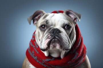 Photography in the style of pensive portraiture of a happy bulldog wearing a warm scarf against a cool gray background. With generative AI technology