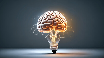 Human brain and electric lightbulb. 3D illustration. 3D rendering.,generative AI - obrazy, fototapety, plakaty