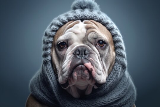 Photography in the style of pensive portraiture of a happy bulldog wearing a warm scarf against a cool gray background. With generative AI technology