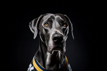 Headshot portrait photography of a happy great dane wearing a sports jersey against a cool gray background. With generative AI technology